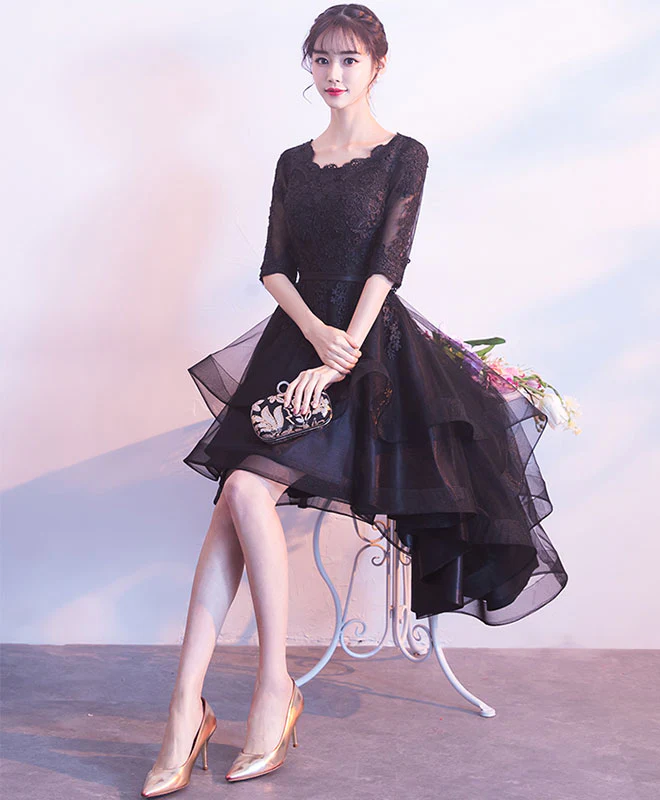 Cute Black Tulle Lace Short Prom Dress, Black Bridesmaid Dress - Deanwangkt