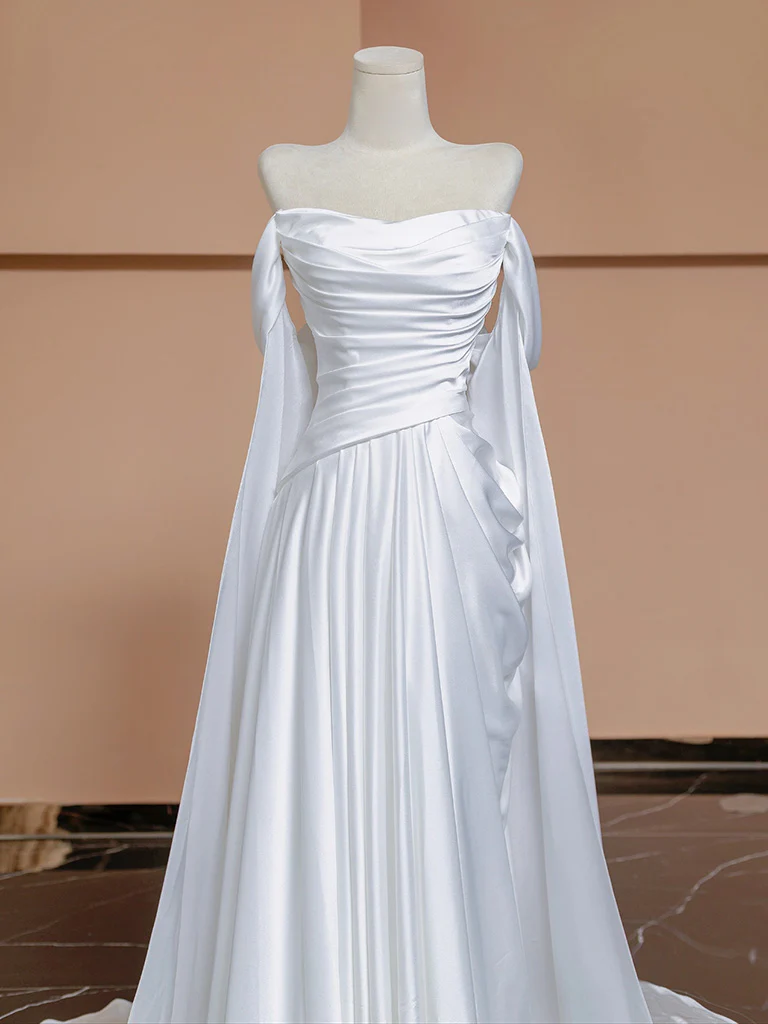 A-Line White Satin Long Prom Dress, White Long Formal Dress - Deanwangkt