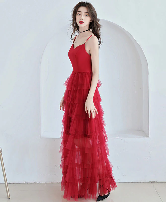 Simple Red Tulle Long Prom Dress, Red Tulle Evening Dress - Deanwangkt