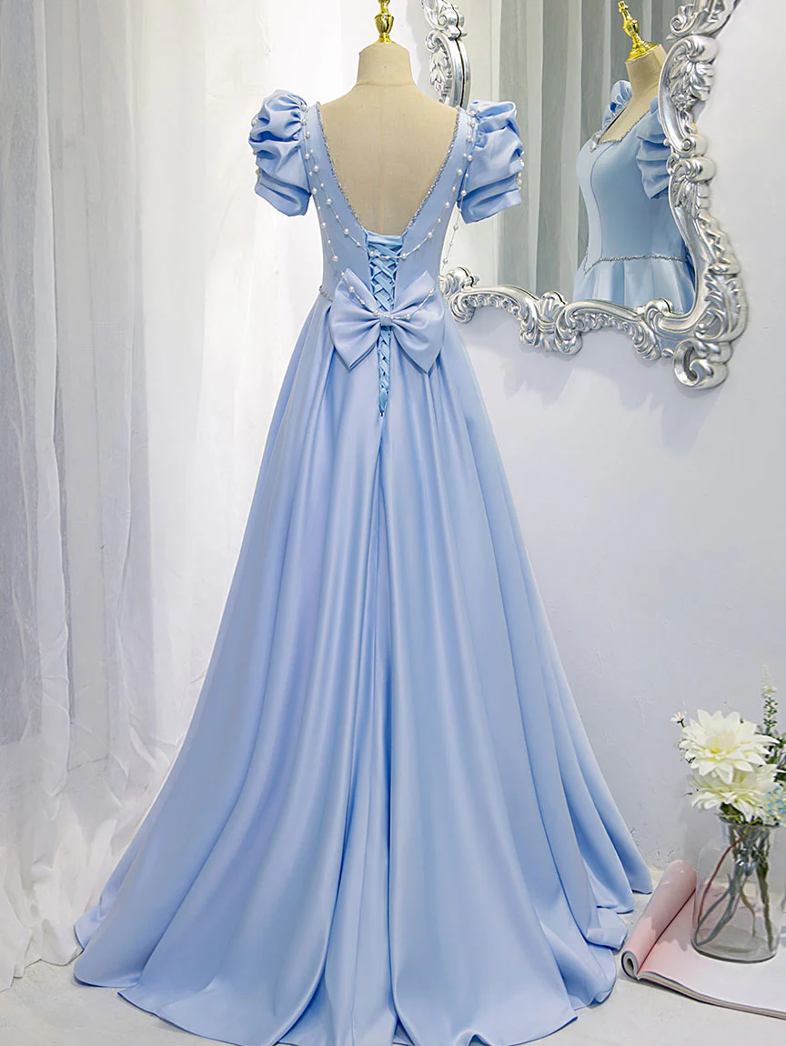 Blue Satin Backless Long Prom Dress, Blue Evening Dress - Deanwangkt