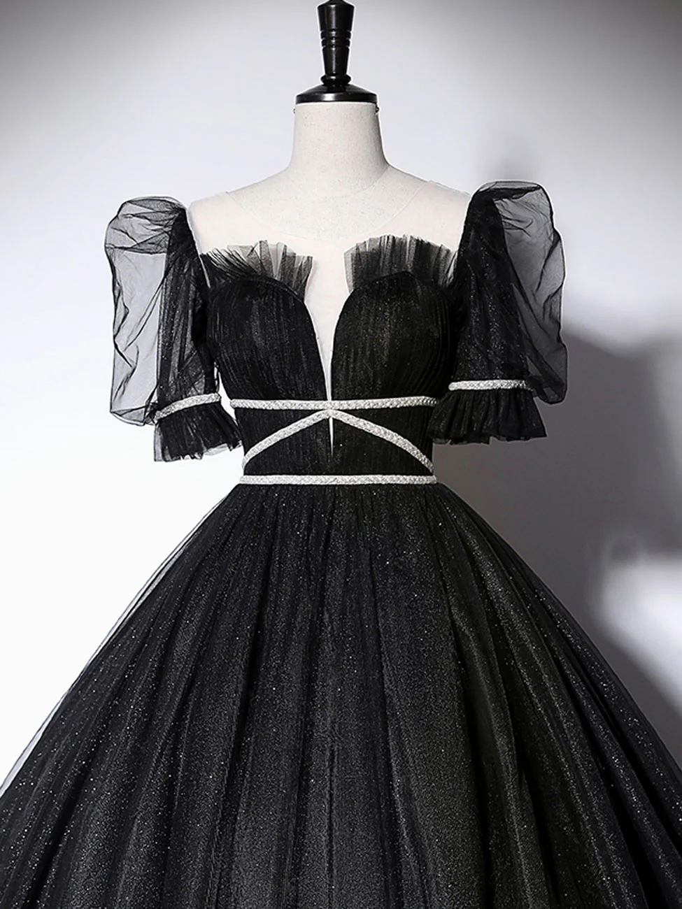 Black Scoop Neckline Long Prom Dress, Shiny Tulle Black Evening Dress - Deanwangkt