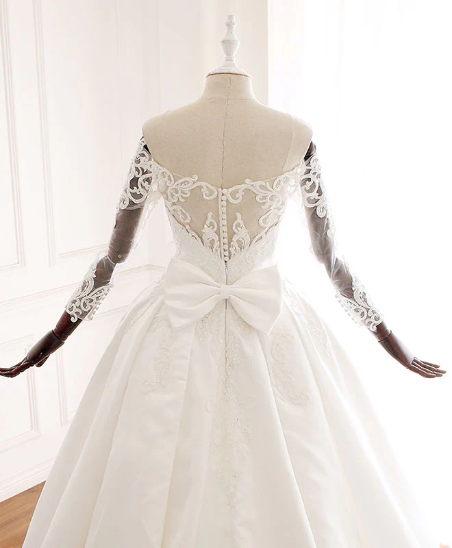 White Lace Satin Long Wedding Dress, Lace Satin Long Bridal Gown - Deanwangkt