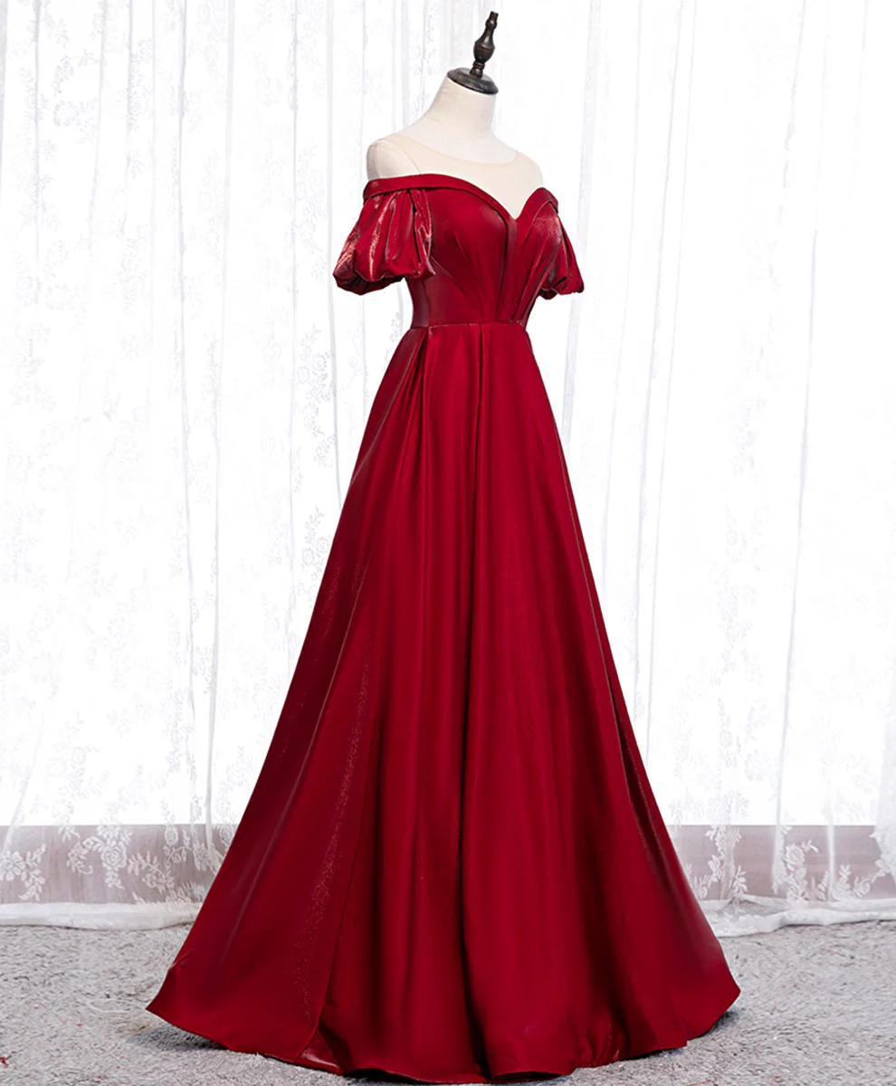 Simple Sweetheart Burgundy Satin Long Prom Dress, Burgundy Formal Graduation Dress - Deanwangkt