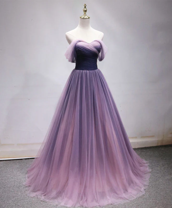 Simple Sweetheart Tulle Purple Long Prom Dress, Bridesmaid Dress - Deanwangkt