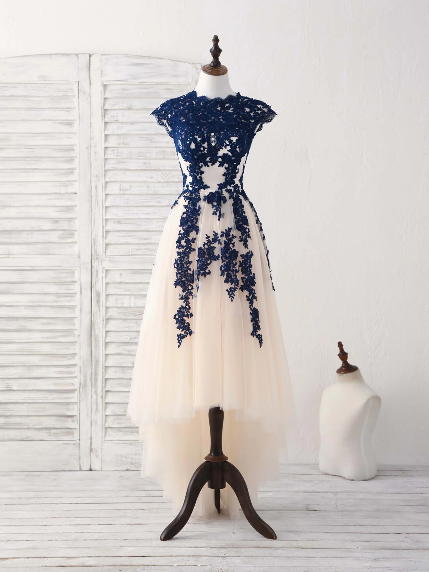 Dark Blue Lace Tulle High Low Prom Dress Blue Bridesmaid Dress - Deanwangkt