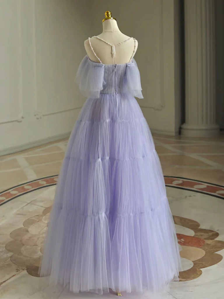 A-Line Tulle Purple Long Prom Dress, Purple Long Graduation Dress - Deanwangkt