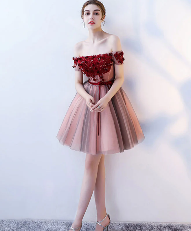 Burgundy Tulle Off Shoulder Short Prom Dress, Burgundy Homecoming Dress - Deanwangkt