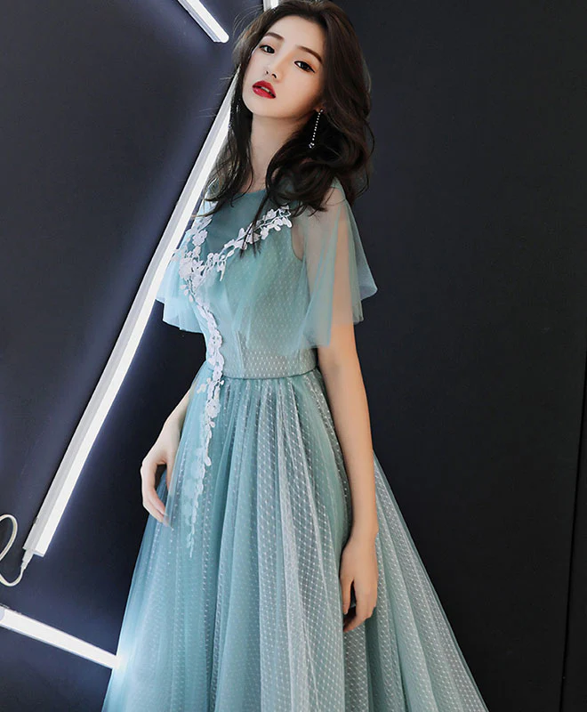 Green Round Neck Tulle Lace Long Prom Dress, Green Evening Dress - Deanwangkt