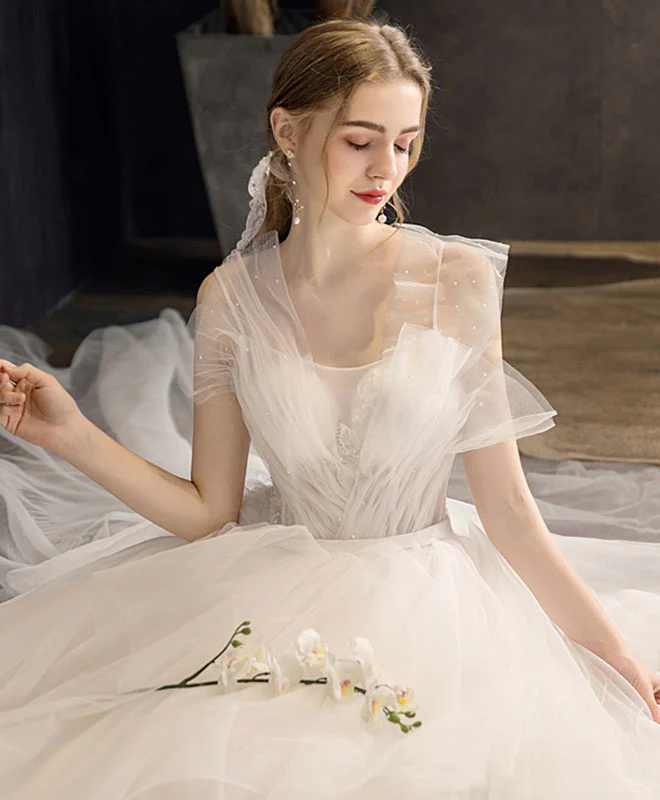 White Tulle Long Wedding Dress, White Tulle Long Bridal Dress - Deanwangkt