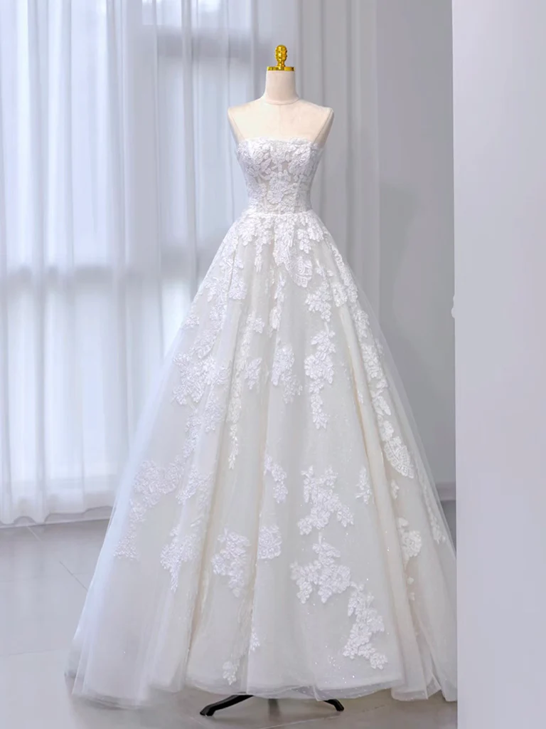 A-Line Tulle Lace ivory Sweep Train Long Wedding Dress - Deanwangkt