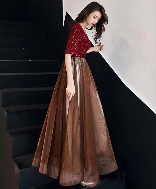 Burgundy Sequin Tulle Long Prom Dress, Burgundy Evening Dress - Deanwangkt