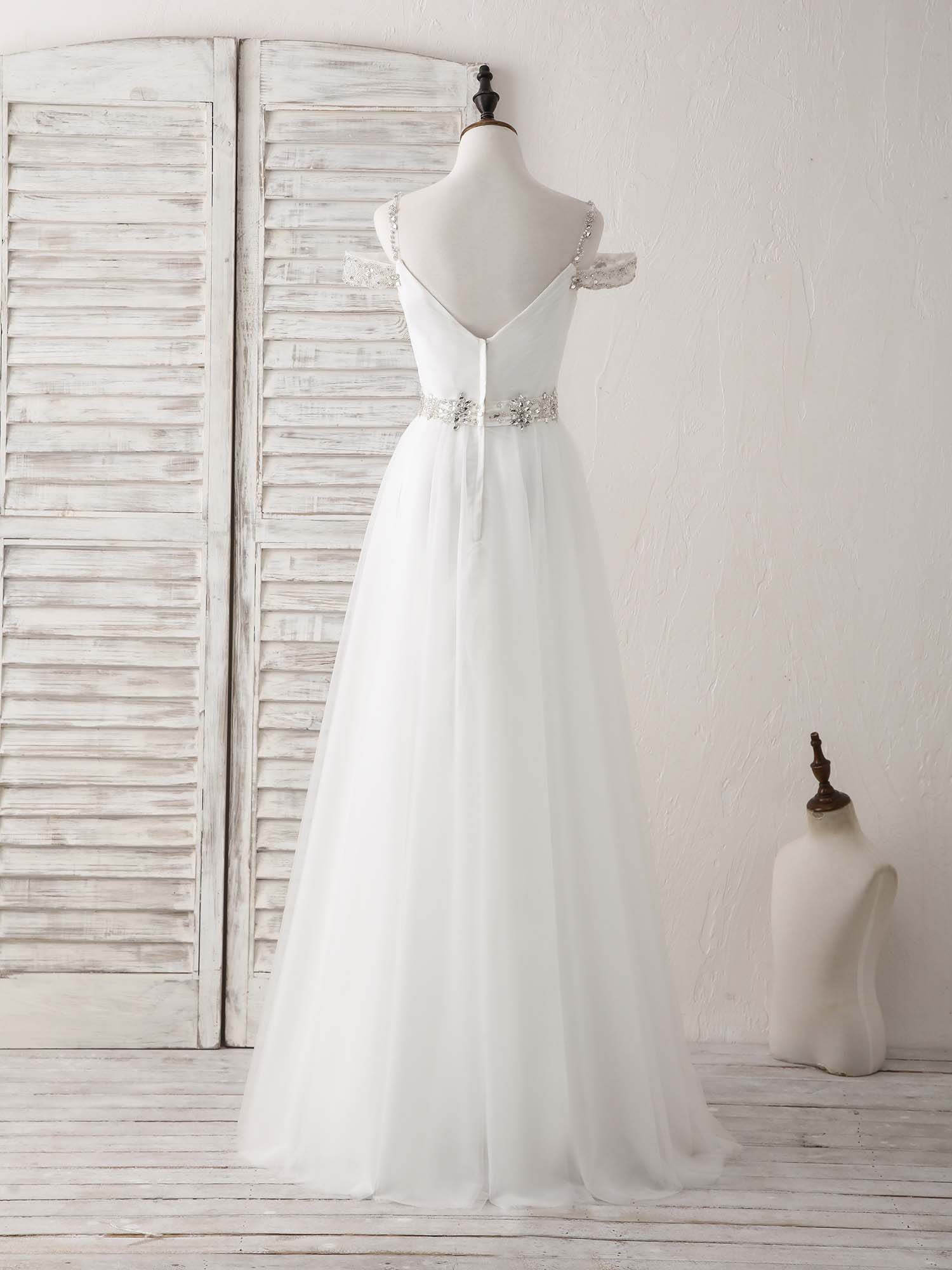 White Off Shoulder Tulle Beads Long Prom Dress White Evening Dress - Deanwangkt