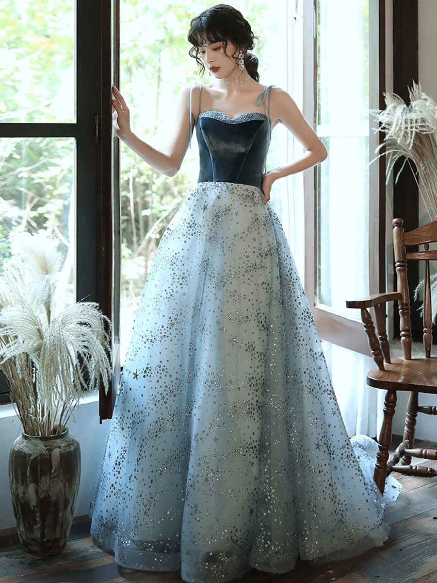A line Blue Tulle/Velvet Long Prom Dress, Tulle Blue Graduation Dress With Beading Sequin - Deanwangkt
