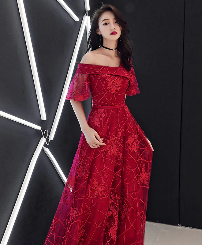Burgundy Tulle Lace Long Prom Dress Burgundy Lace Formal Dress - Deanwangkt