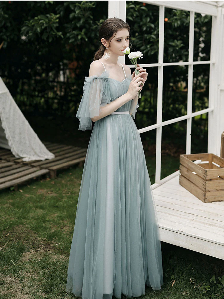 Simple A line Green Tulle Long Prom Dress, Green Tulle Bridesmaid Dresses - Deanwangkt