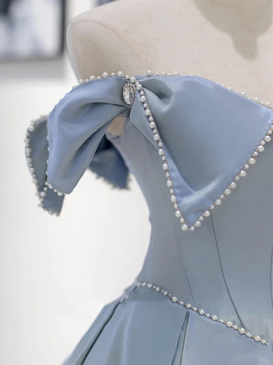 Unique Blue Satin Long Prom Dress, A line Blue Formal Graduation Party Dress - Deanwangkt