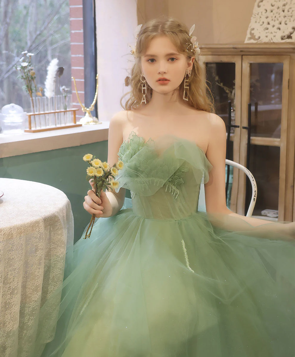 Aline Tulle Tea Length Green Prom Dress, Green Puffy Homecoming Dresses with Lace Applique Beading - Deanwangkt