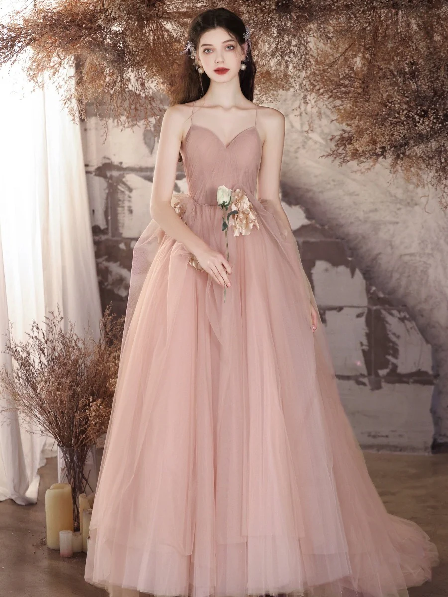 A-Line V Neck Tulle Flower Pink Long Prom Dress, Pink Long Evening Dress - Deanwangkt