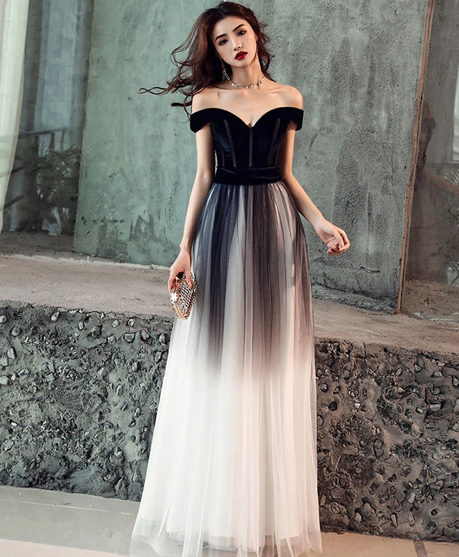 Simple Tulle Off Shoulder Black Long Prom Dress, Black Tulle Evening Dress - Deanwangkt
