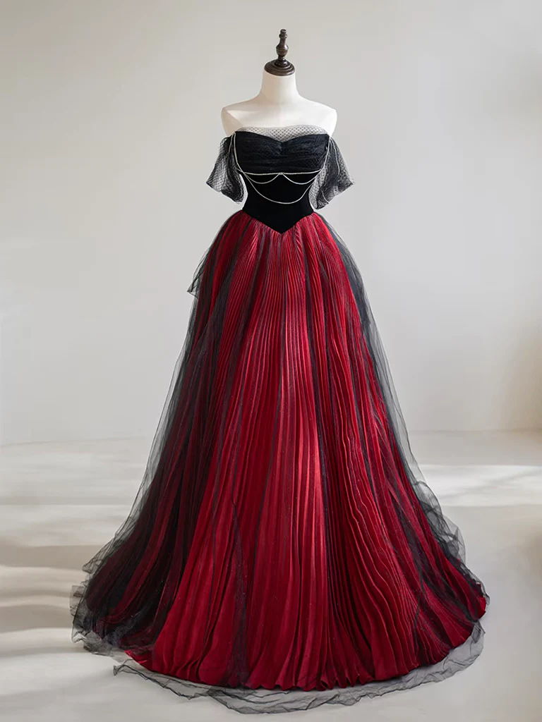 A-Line Off Shoulder Tulle Black/Burgundy Long Prom Dress - Deanwangkt