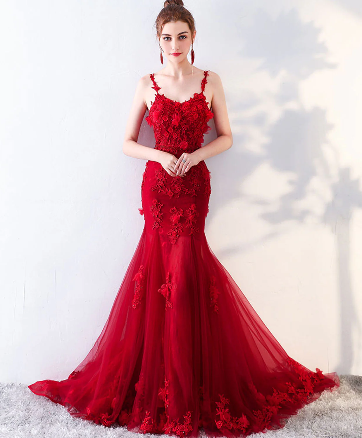 Burgundy Mermaid Long Prom Dress, Lace Mermaid Lace Long Evening Dress - Deanwangkt