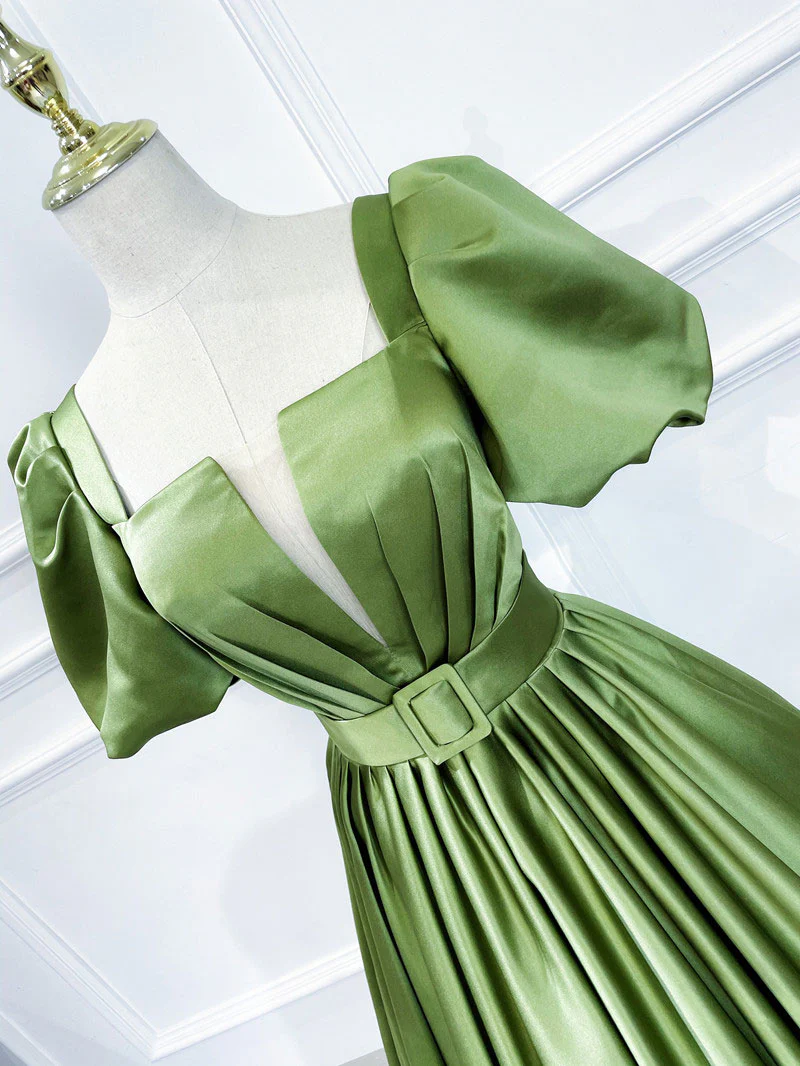 A line Satin Long Green Prom Dresses, Green Formal Evening Graduation Dresses - Deanwangkt