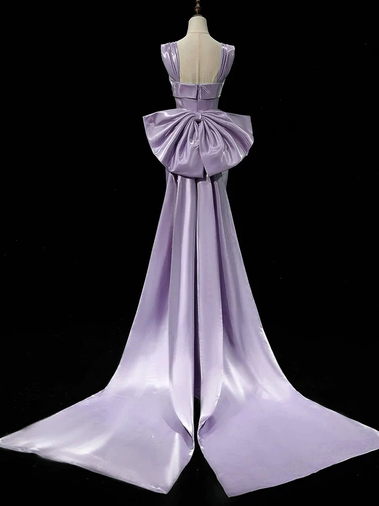 Simple Satin Purple Long Prom Dress, Purple Long Formal Dress with bow tie - Deanwangkt