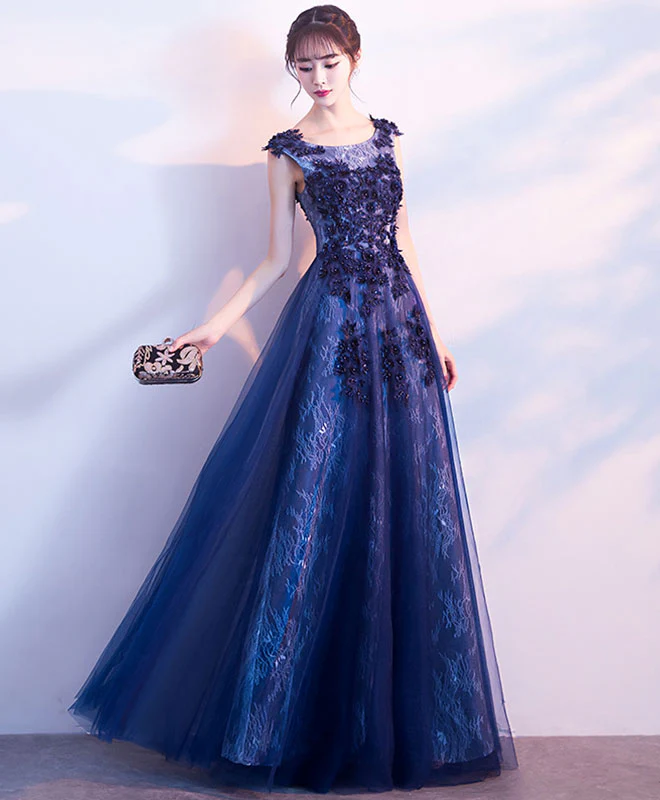Dark Blue Lace Long Prom Dress, Lace Evening Dress - Deanwangkt