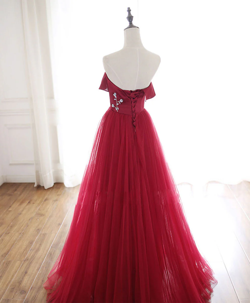 Burgundy Tulle Long Prom Dress, A line Burgundy Formal Party Dress - Deanwangkt