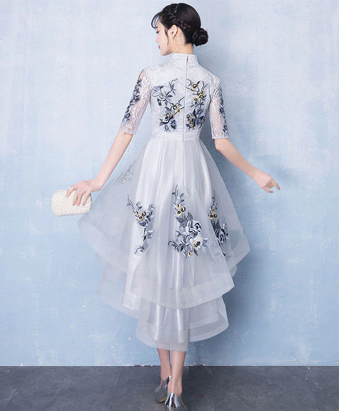 Cute Gray Tulle Lace Applique High Low Prom Dress, Gray Homecoming Dress - Deanwangkt