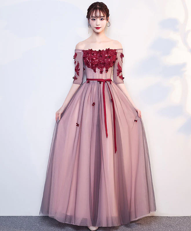 Burgundy Tulle Lace Long Prom Dress, Burgundy Tulle Evening Dress - Deanwangkt