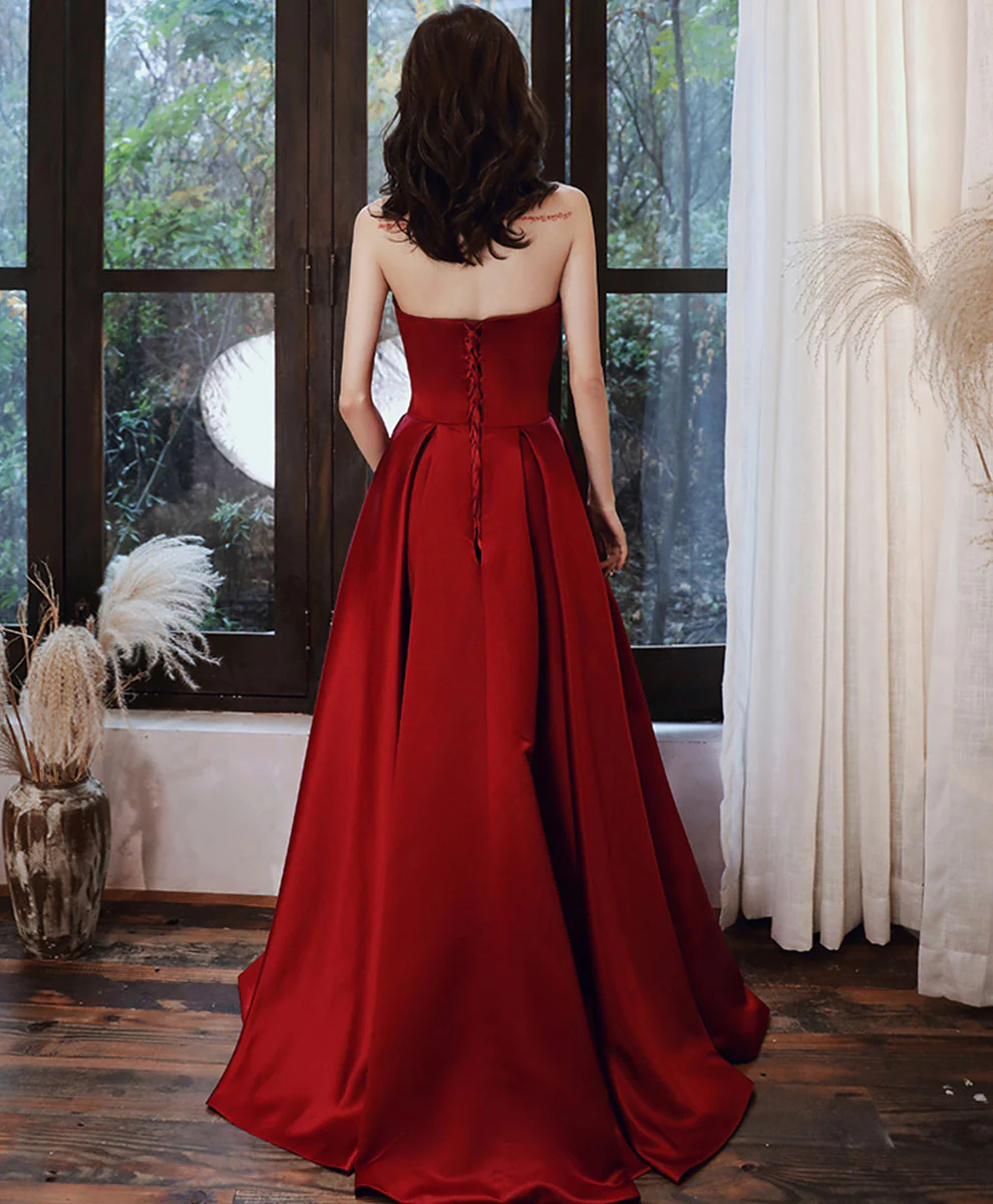 Simple Burgundy Satin Long Prom Dress, Long Bridesmaid Dress - Deanwangkt