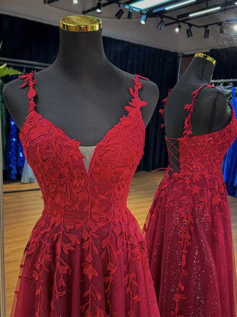 A-Line V Neck Tulle Lace Burgundy Long Prom Dress, Burgundy Long Formal Dress - Deanwangkt