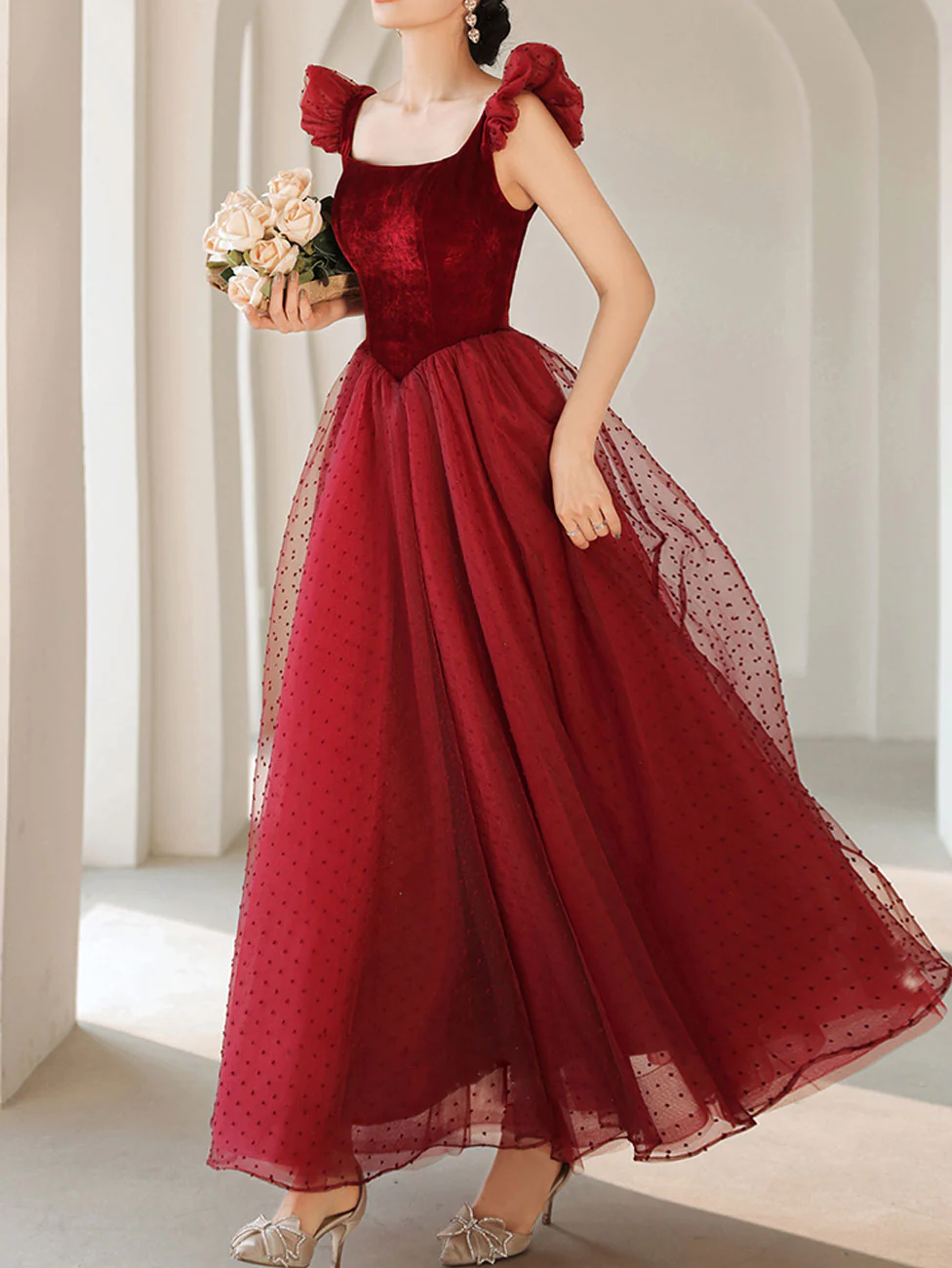 Burgundy Aline Tea Length Prom Dresses, Burgundy Formal Dress With Velvet - Deanwangkt