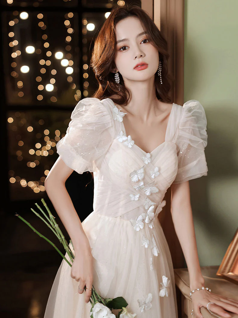 Light Champagne Tulle Lace Long Prom Dress, Champagne Evening Dress - Deanwangkt