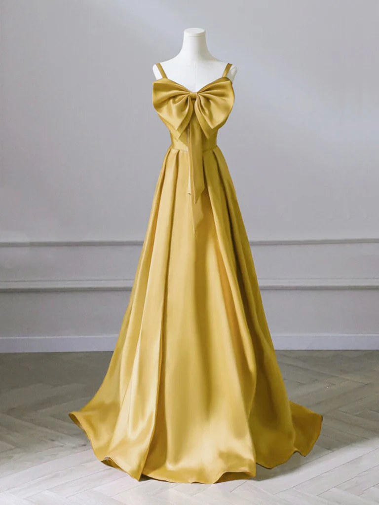 A-Line Sweetheart Neck Satin Yellow Long Prom Dress, Yellow Long Formal Dress - Deanwangkt