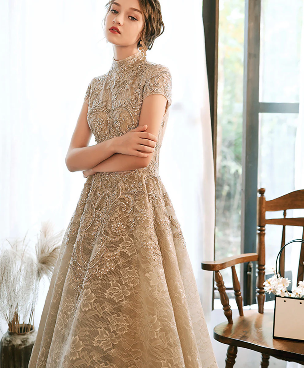 Champagne High Neck Lace Prom Dress, Champagne Lace Formal Dress - Deanwangkt