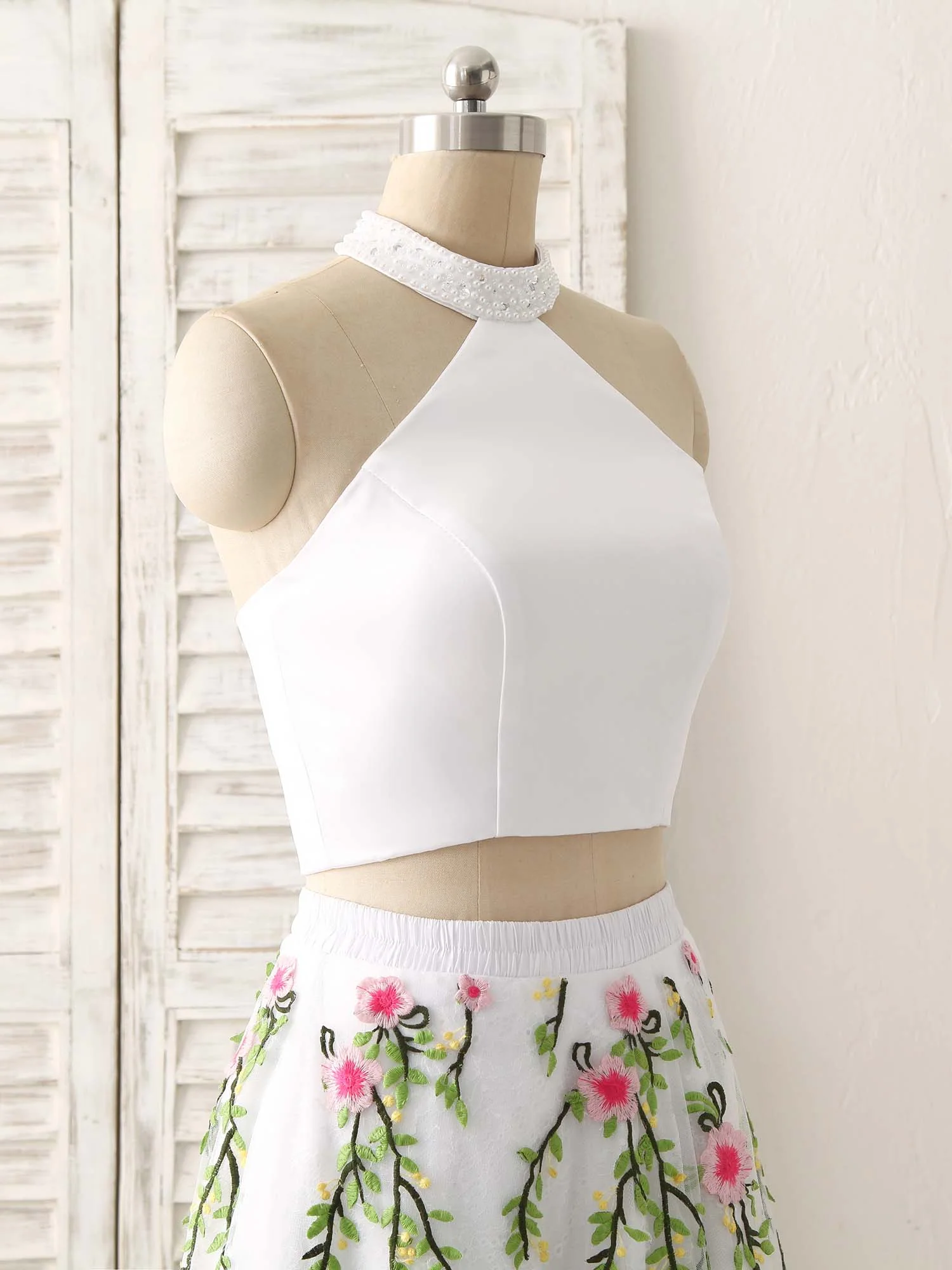 White Two Pieces Lace Applique Long Prom Dress, Evening Dress - Deanwangkt