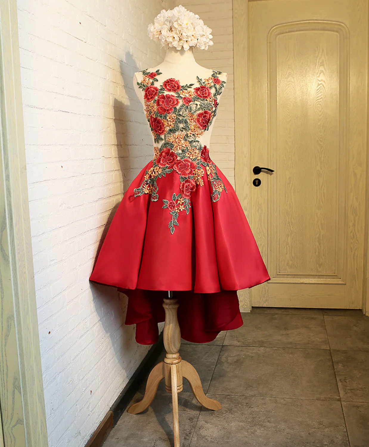 Cute Red Lace High Low Prom Dress, Homecoming Dress - Deanwangkt