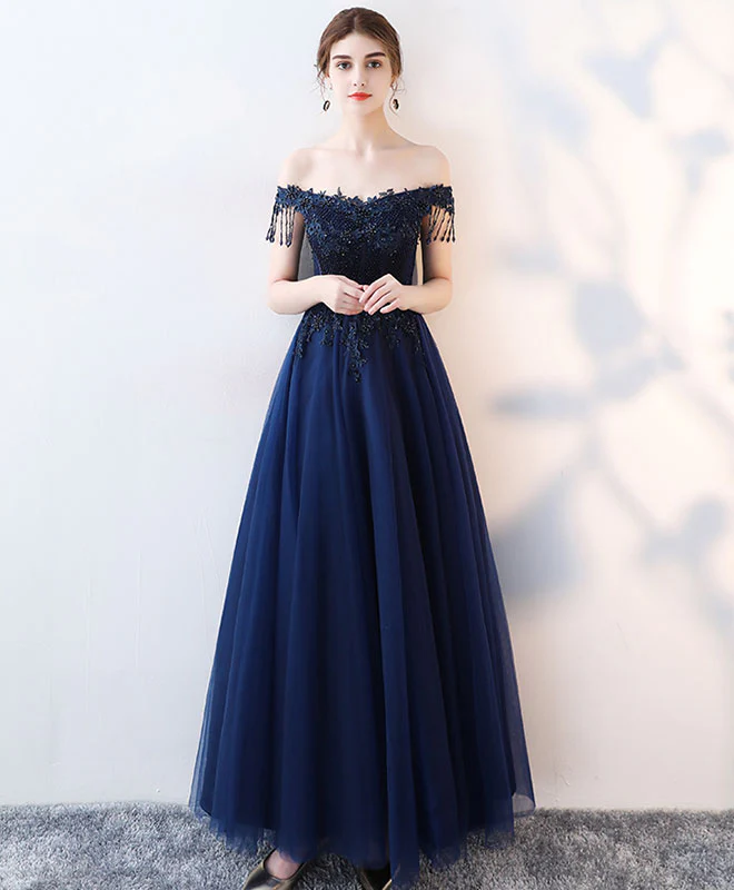 Dark Blue Tulle Beaded Long Prom Dress, Blue Evening Dress - Deanwangkt