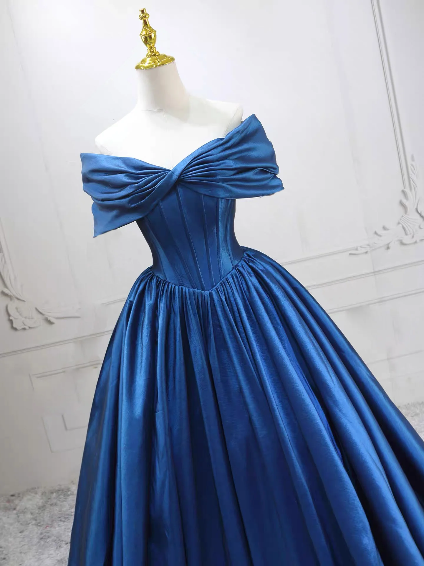 A-Line Off Shoulder Blue Long Prom Dress, Blue Long Formal Dress - Deanwangkt