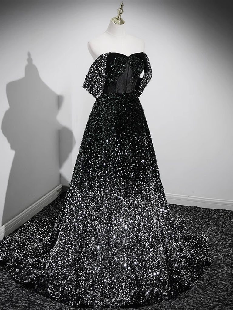 A-Line Velvet Sequin Long Black Prom Dress, Black Long Evening Dress - Deanwangkt