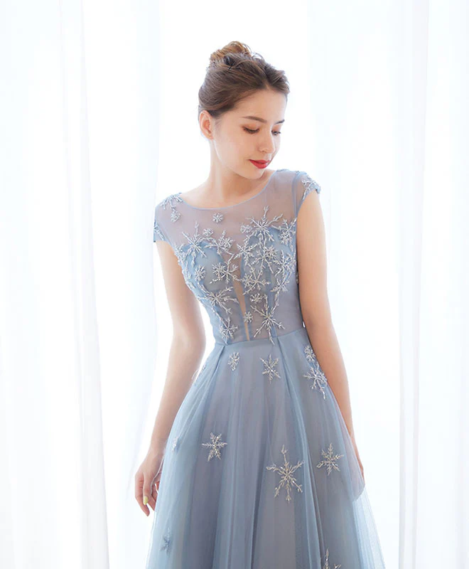 Gray Blue Tulle Long Prom Dress, Gray Blue Evening Dress - Deanwangkt