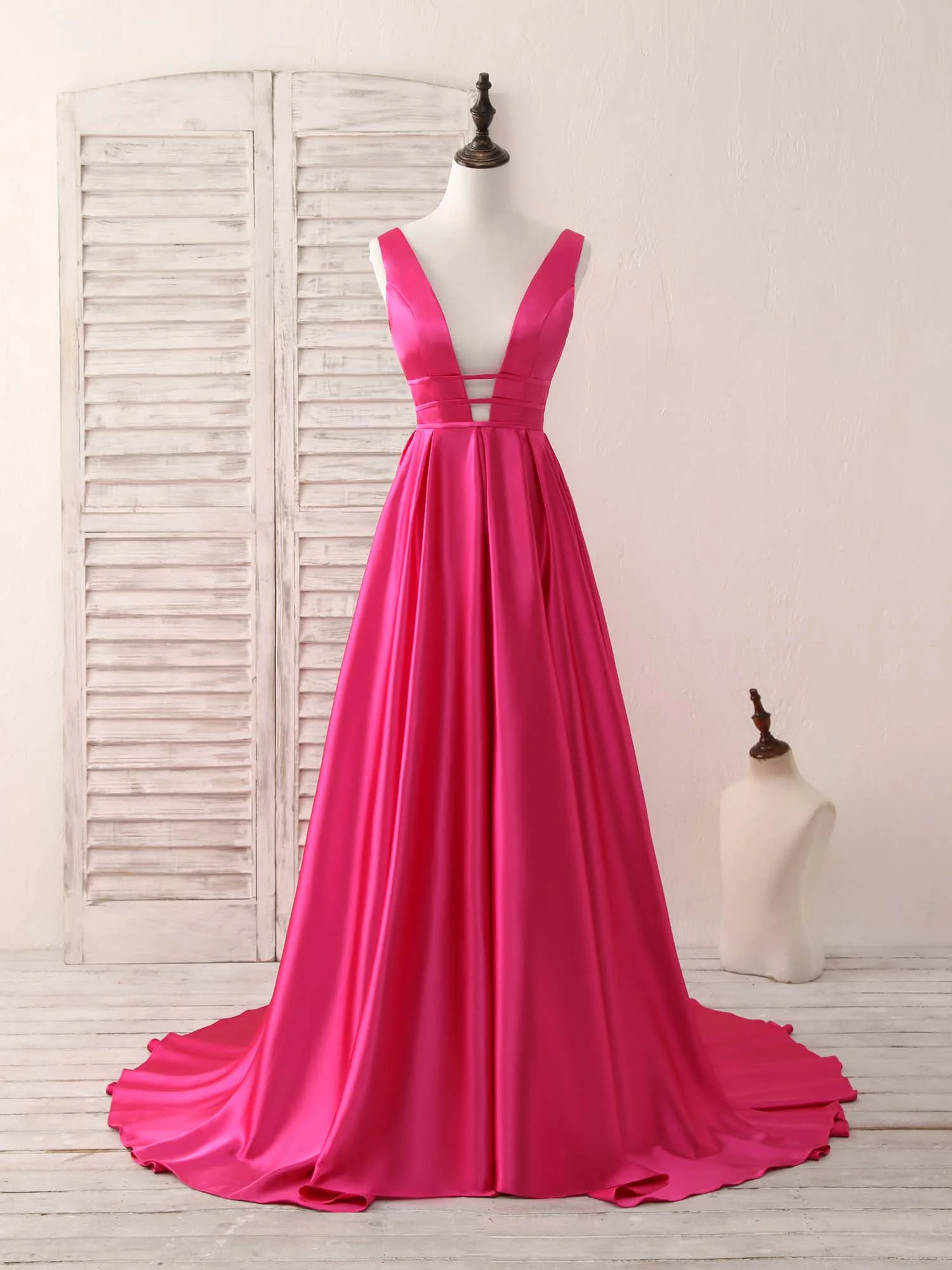 Simple V Neck Satin Long Prom Dress Backless Evening Dress - Deanwangkt