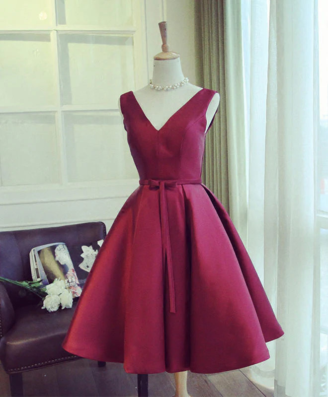 Simple Burgundy V Neck Short Prom Dress, Burgundy Evening Dress - Deanwangkt