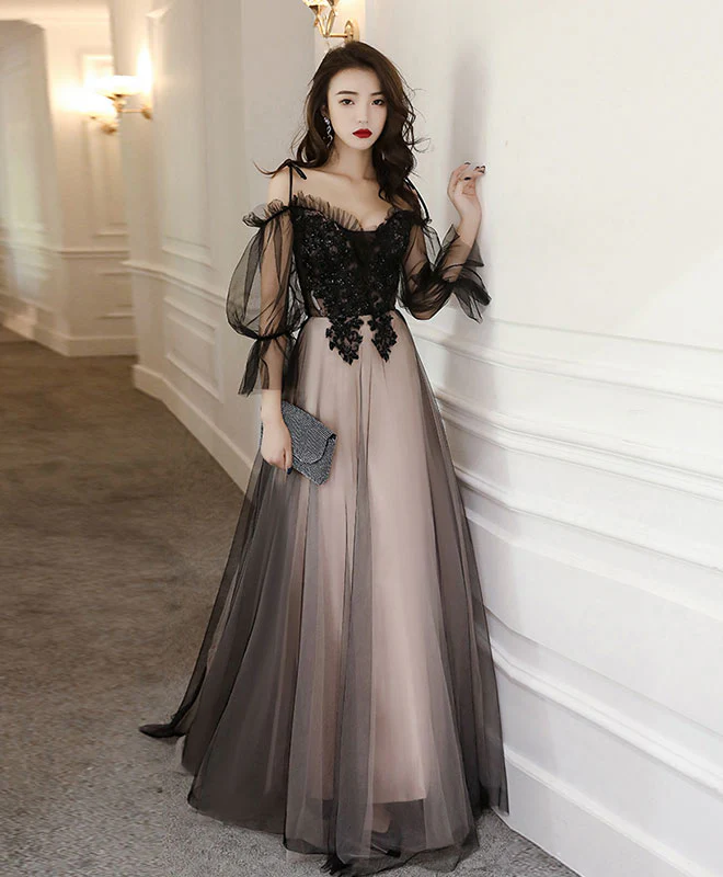 Black Tulle A Line Lace Long Prom Dress Tulle Lace Formal Dress - Deanwangkt