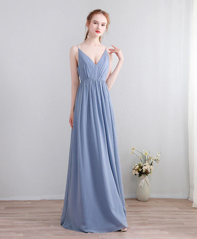 Blue V Neck Chiffon Lace Long Prom Dress, Evening Dress - Deanwangkt