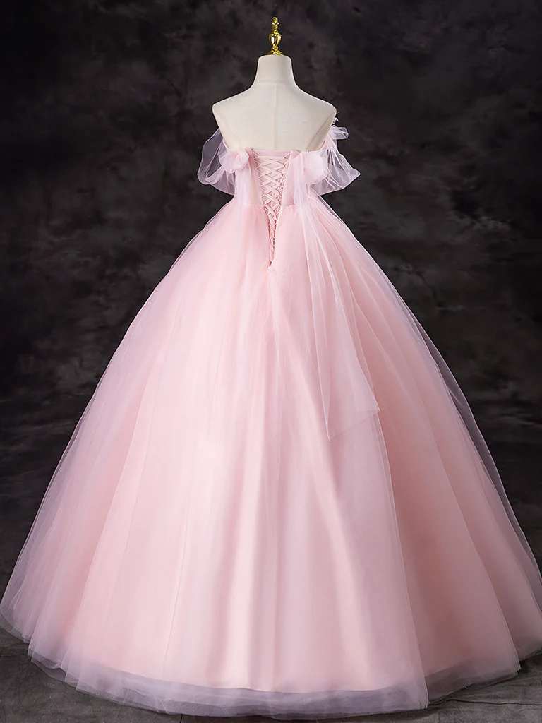 A-Line Tulle Pink Long Prom Dress, Pink Long Sweet 16 Dress - Deanwangkt