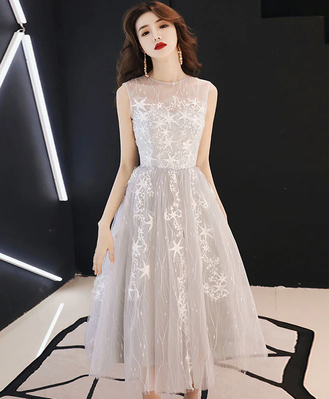 Gray Tulle Lace Short Prom Dress, Gray Homecoming Dress - Deanwangkt