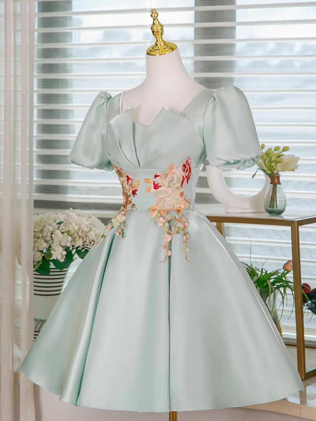 Light Green Satin Lace Applique Short Prom Dress, Cute Homecoming Dress - Deanwangkt